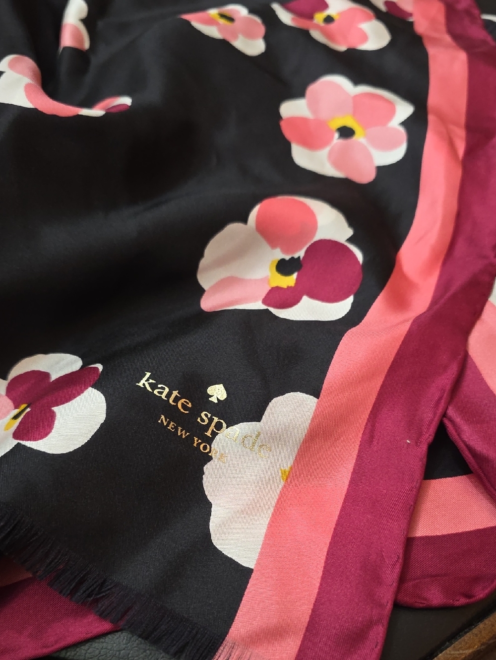 kate spade Black Silk Scarf with Pink and Magenta Floral Print